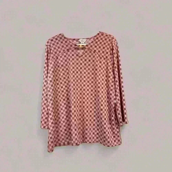 Liz Claiborne Raspberry & Lilac Check Stretch Blouse Gold Clasp XXL Office Core - Picture 4 of 5